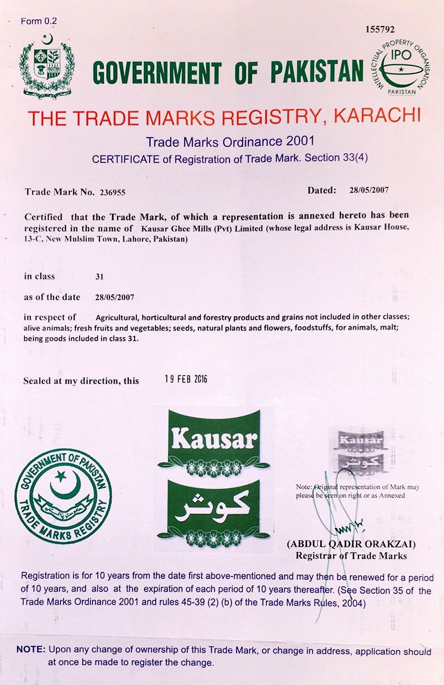 Kausar is a registered trade mark in class 31 in Pakistan.